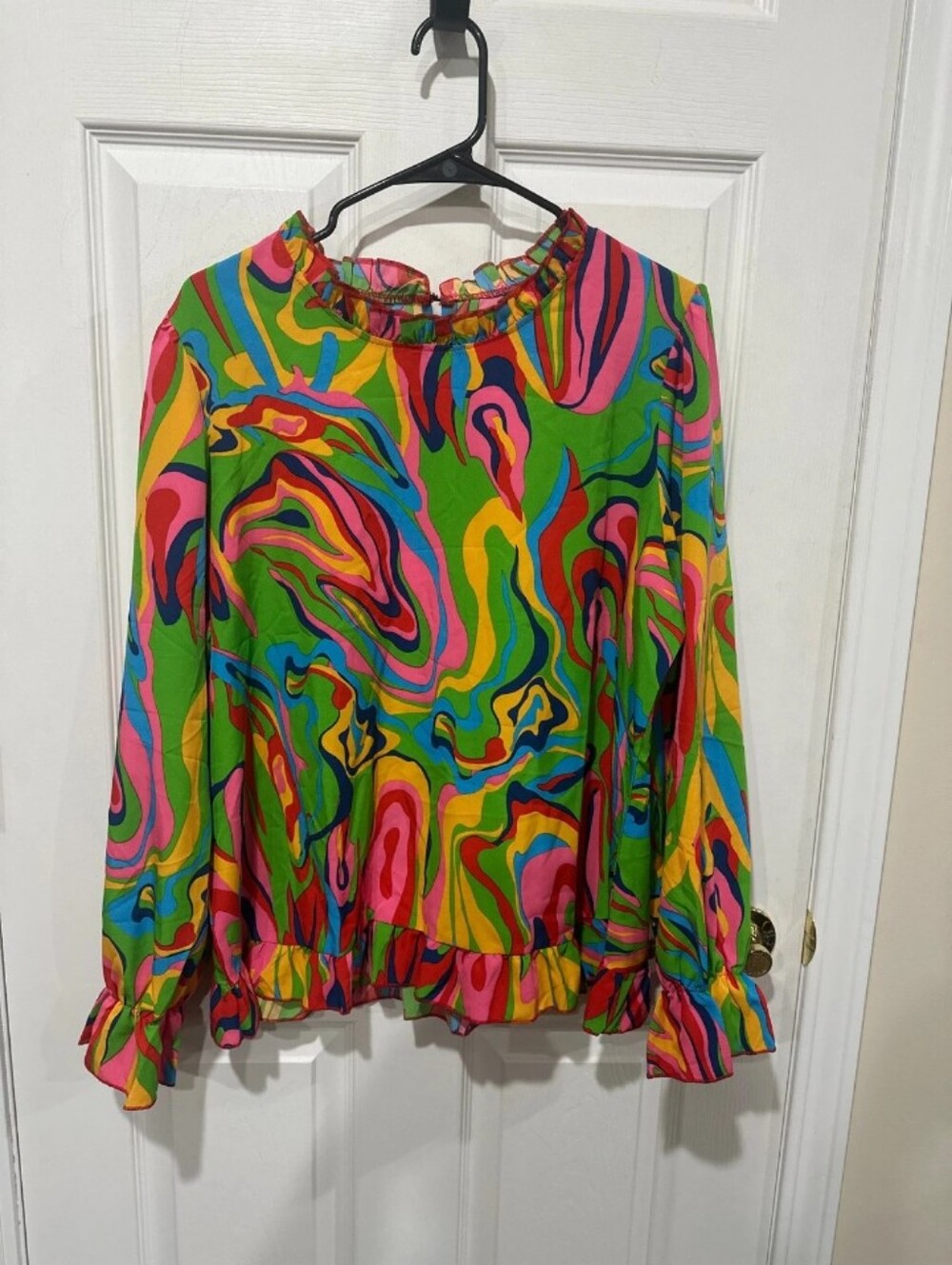 Bright Multicolor Swirl Long-Sleeve Ruffle Top